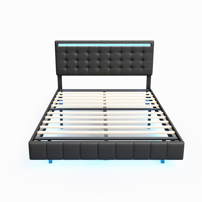 Queen Size Modern Upholstered Platform Bed with LED Lights and USB Charging - Black