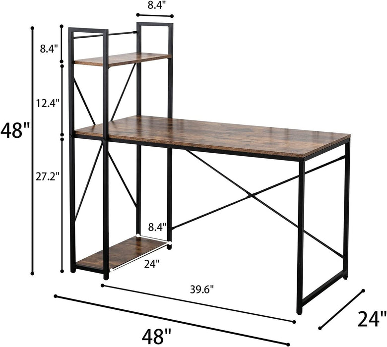 Computer Desk 48" with Storage Shelves, Rustic Black Metal Frame Brown