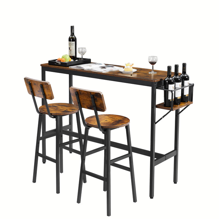 3-Piece Bar Table Set with wine bottle storage rack - Rustic Brown