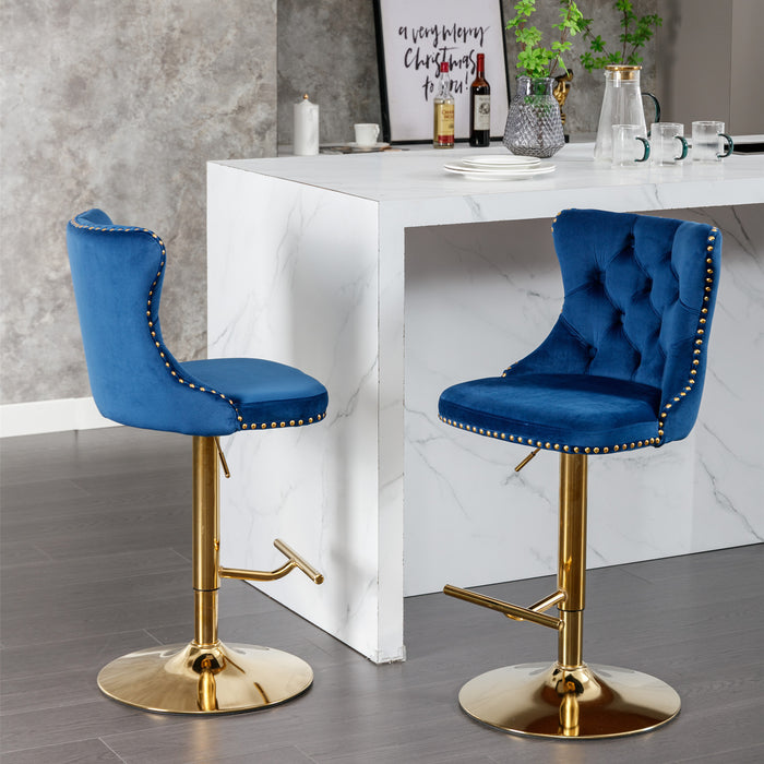 Golden Swivel Velvet Barstool, Blue (Set of 2）