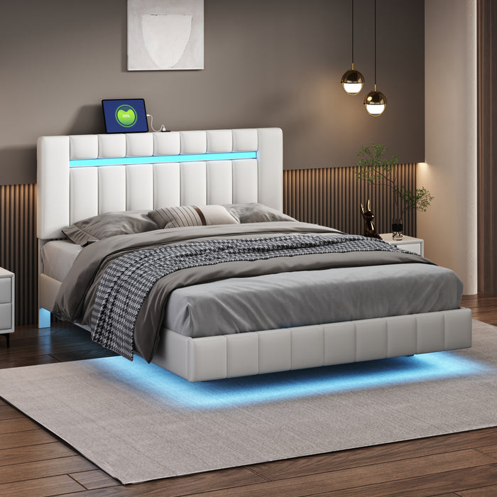 Queen Size Modern Upholstered Platform LED Bed with LED Lights and USB Charging - White