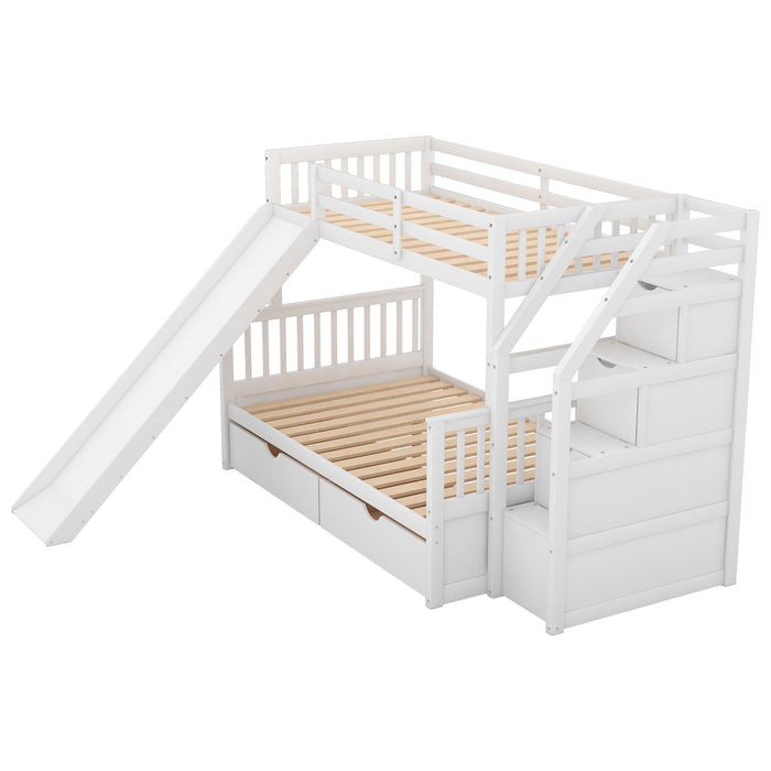 Multifunction Twin over Full Bunk Bed with Drawers, Storage and Slide - White