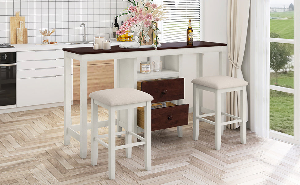 3-piece Farmhouse Rustic Counter Heigh Dining Table Set - White and Brown