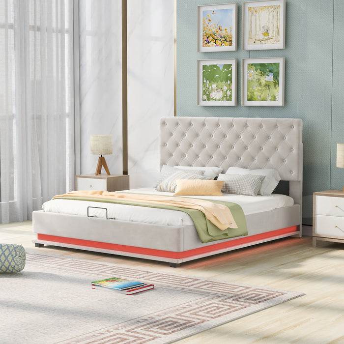 Queen Size Storage Upholstered Platform Bed with Adjustable Tufted Headboard and LED Light - Beige