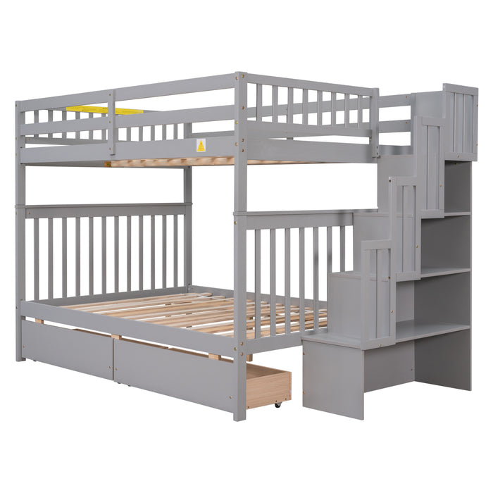 Full Over Full Bunk Bed with 2 Drawers and Staircases - Grey