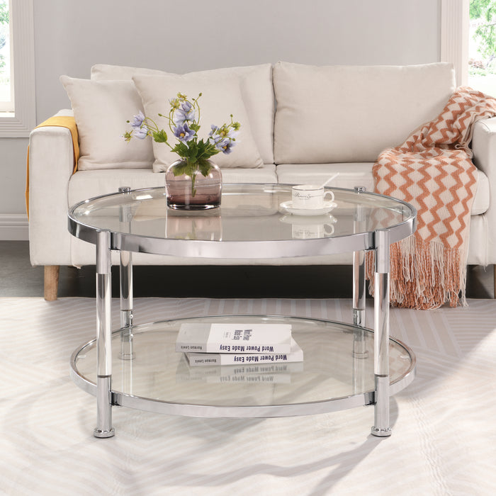 Contemporary Acrylic Coffee Table, Round Tempered Glass - Chrome/Silver