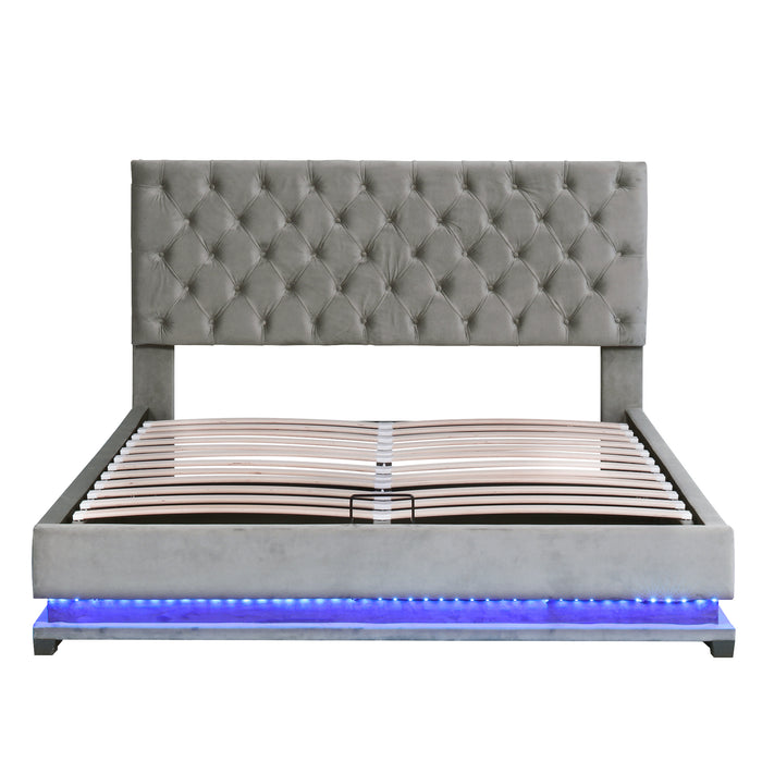 Queen Size Storage Upholstered Platform Bed with Adjustable Tufted Headboard and LED Light - Gray