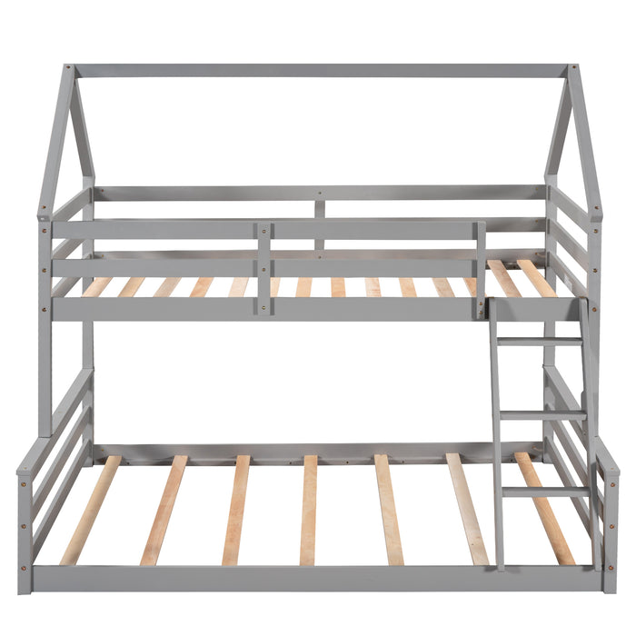 Twin over Full House Bunk Bed with Built-in Ladder - Gray