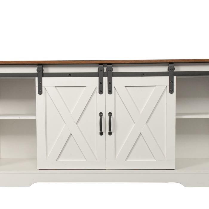 TV Stand Sliding Barn Door Modern & Farmhouse Wood Entertainment Center, upto 65" - Distressed White&Rustic