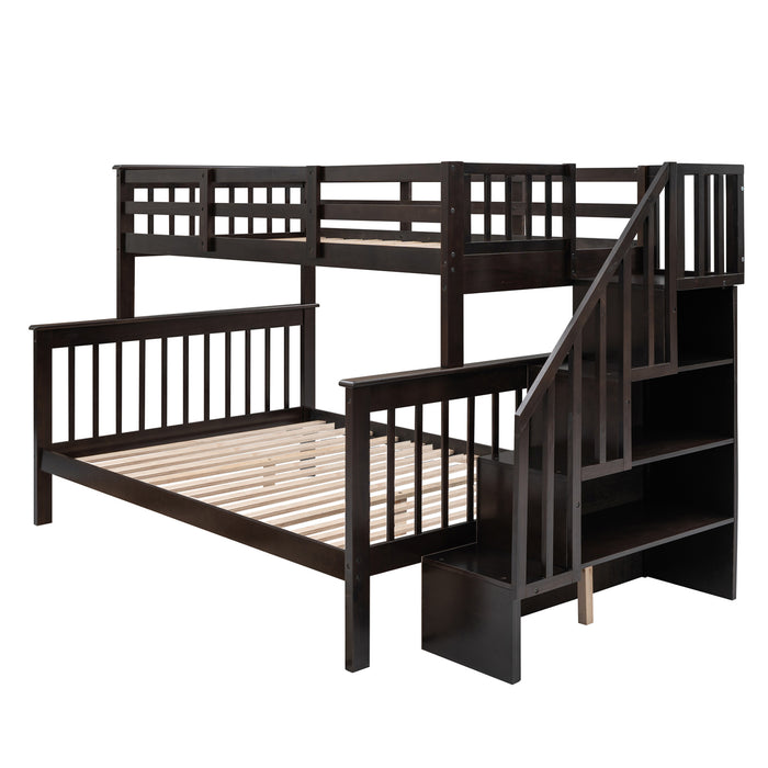 Stairway Twin-Over-Full Bunk Bed with Storage and Guard Rail - Espresso