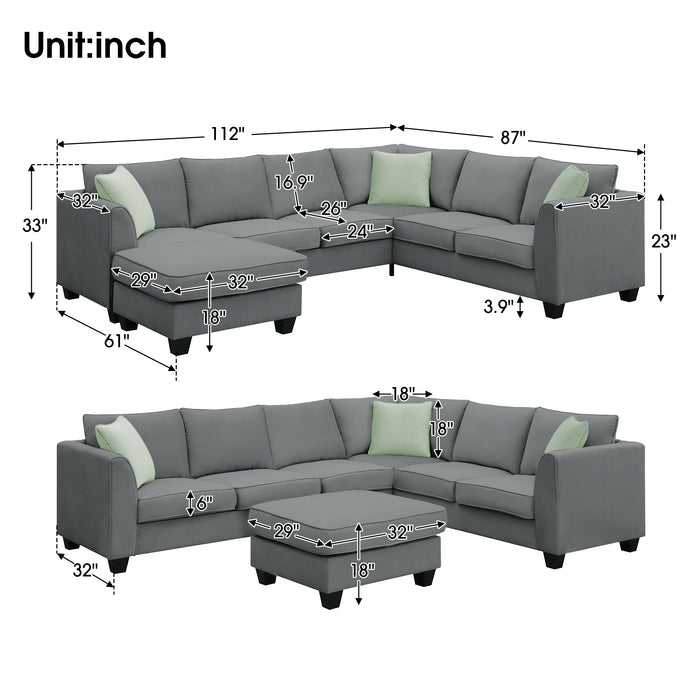 7 Seats Modular Sectional Sofa with Ottoman L Shape Fabric - Grey