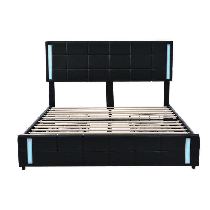 Queen Upholstered  Storage Platform Bed with LED Lights and USB Charging - Black