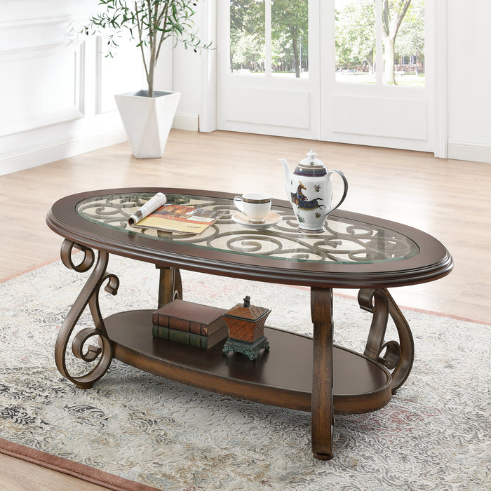 Coffee Table with Glass Table Top - Dark Brown