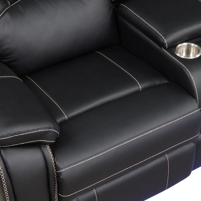 Modern Faux Leather Manual Reclining with Center Console & LED Light - Black