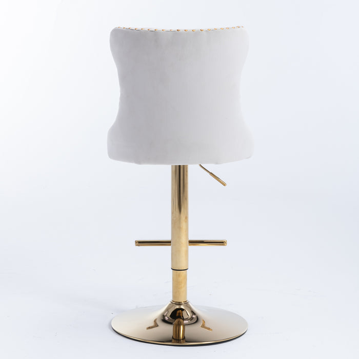 Golden Swivel Velvet Barstools, Beige (Set of 2）