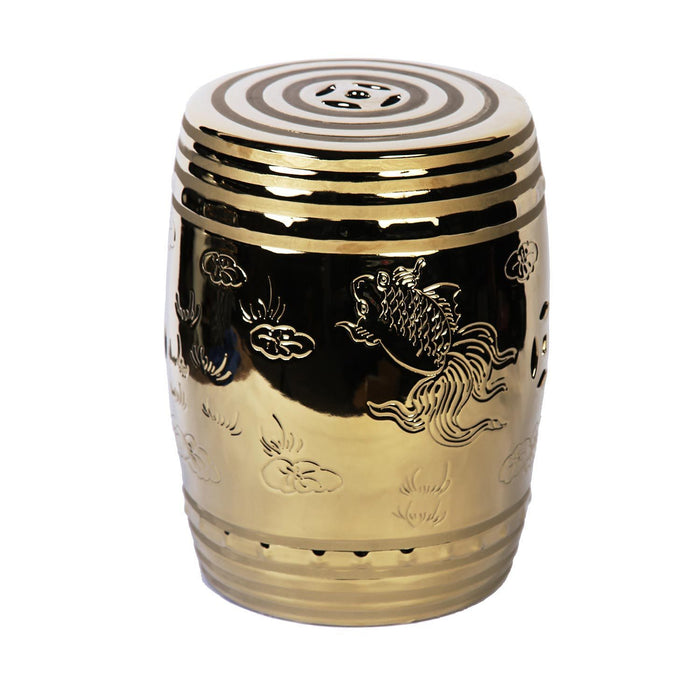 Modern End Table with Etched Asian Design - Gold