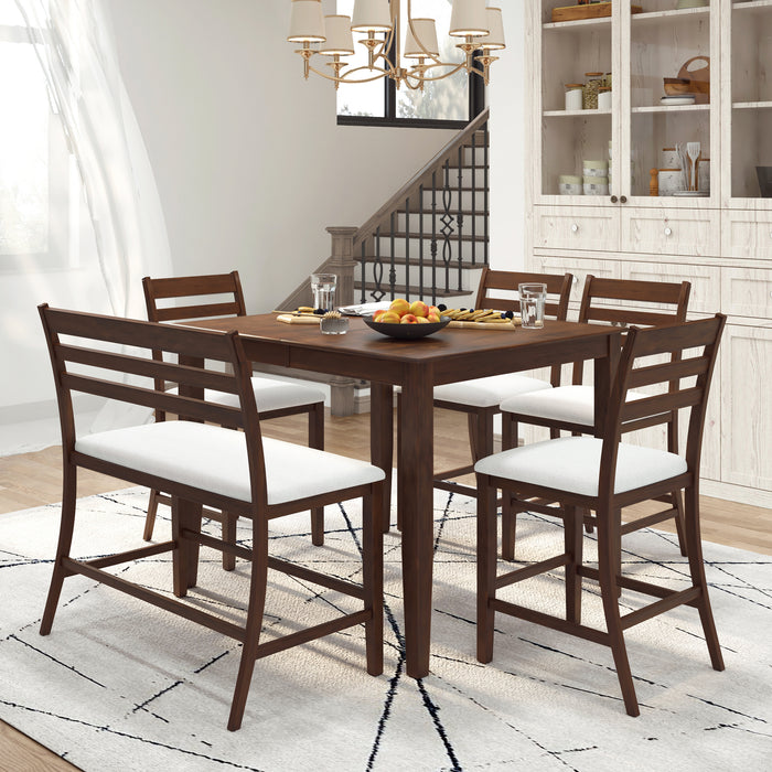 6-Piece Farmhouse Extendable Counter Height Dining Table Set - Brown Walnut + Beige