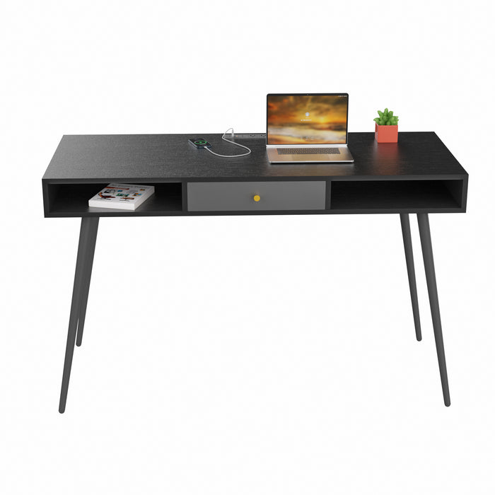 Mid Century Desk with USB Ports and Power Outlet - Black