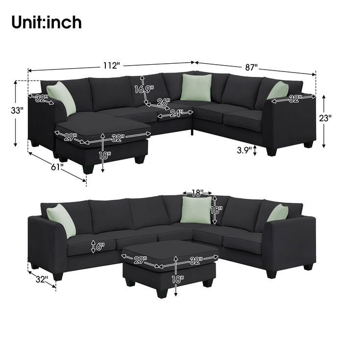 7 Seats Modular Sectional Sofa with Ottoman - Black