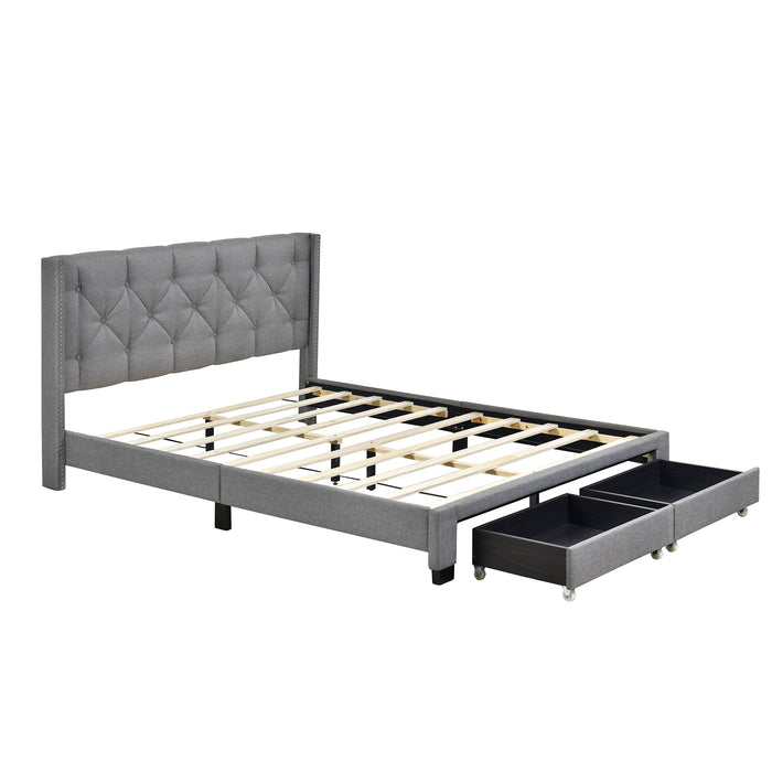 Queen Size Storage Bed Linen Upholstered Platform Bed with Two Drawers - Gray