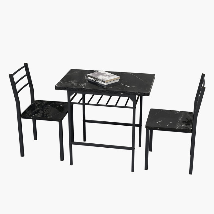 3-Piece Modern Dining Table Set - Black Frame + Printed Black Marble Finish