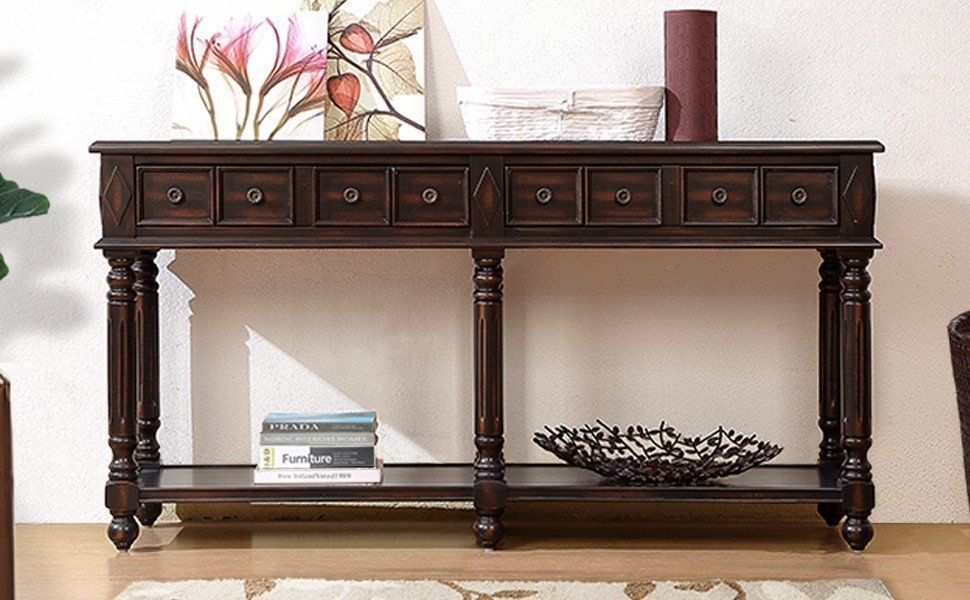 Retro Console Entryway Table - Distressed Black