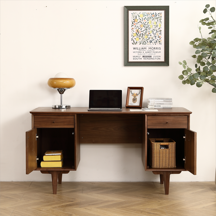 Black Walnut Desk with Rattan Net - Large Home Office Workstation with Storage