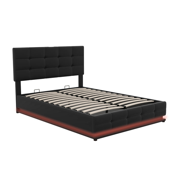 Full Size Tufted Upholstered Platform Bed with Hydraulic Storage and LED Lights and USB charger - Black