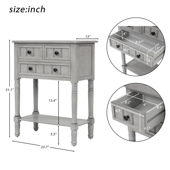 Narrow Console Table with Three Storage Drawers and Bottom Shelf - Gray Wash