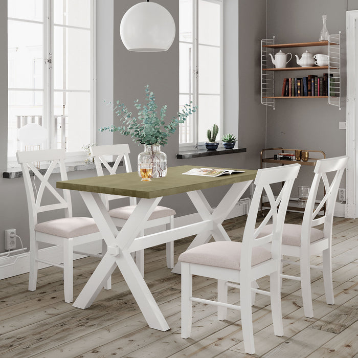 5-Pieces Farmhouse Rustic Wood Kitchen Dining Table Set - White + Beige