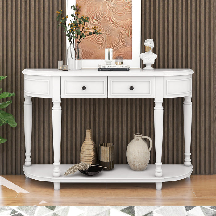 Retro Circular Curved Design Console Table with Open Style Shelf - Antique White