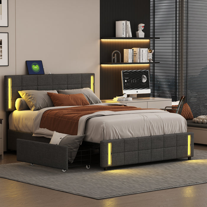 Queen Upholstered  storage Platform Bed with LED Lights and USB Charging - Dark Gray