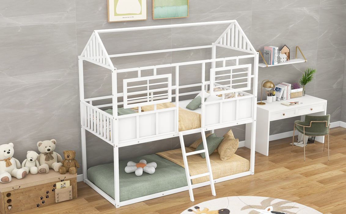 Twin over Twin Size Metal Low Bunk Beds with Roof and Fence-shaped Guardrail, White