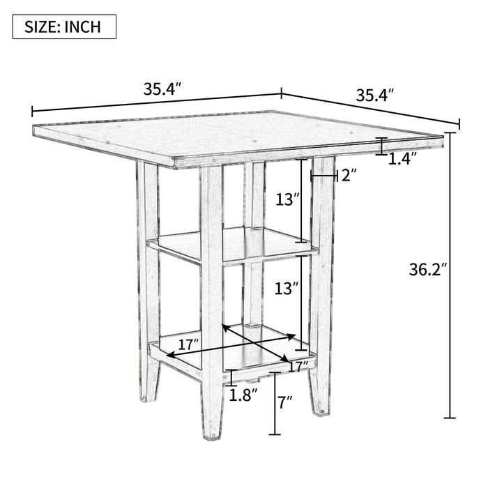 Square Wooden Counter Height Dining Table with 2-Tier Storage Shelving, Gray