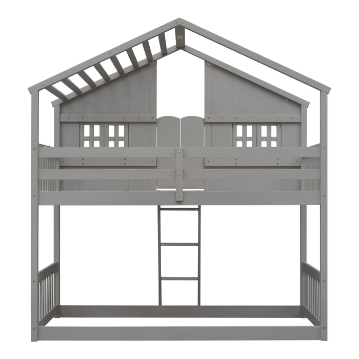 Twin over Twin House Bunk Bed with Roof & Windows - Grey