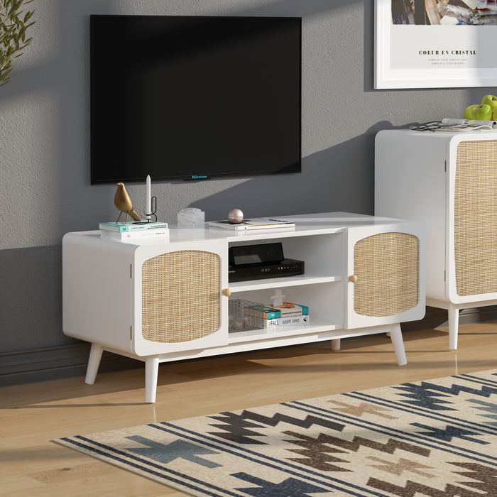 White TV Console with Rattan Door