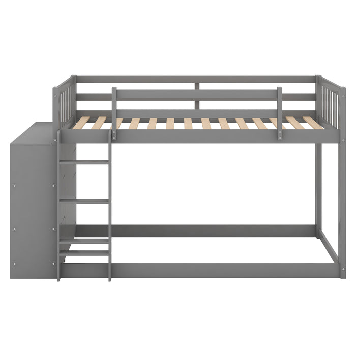 Twin over Twin Bunk Bed with Attached Cabinet and Shelves Storage - Gray