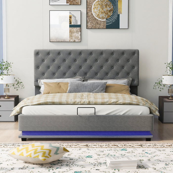 Queen Size Storage Upholstered Platform Bed with Adjustable Tufted Headboard and LED Light - Gray