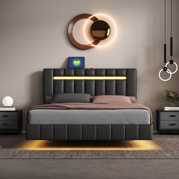 Queen Size Modern Upholstered Platform LED Bed  with LED Lights and USB Charging - Black