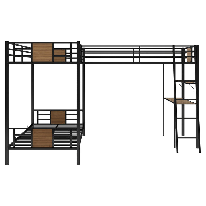 L-Shaped Twin over Twin Bunk Bed with Twin Size Loft Bed - Brown