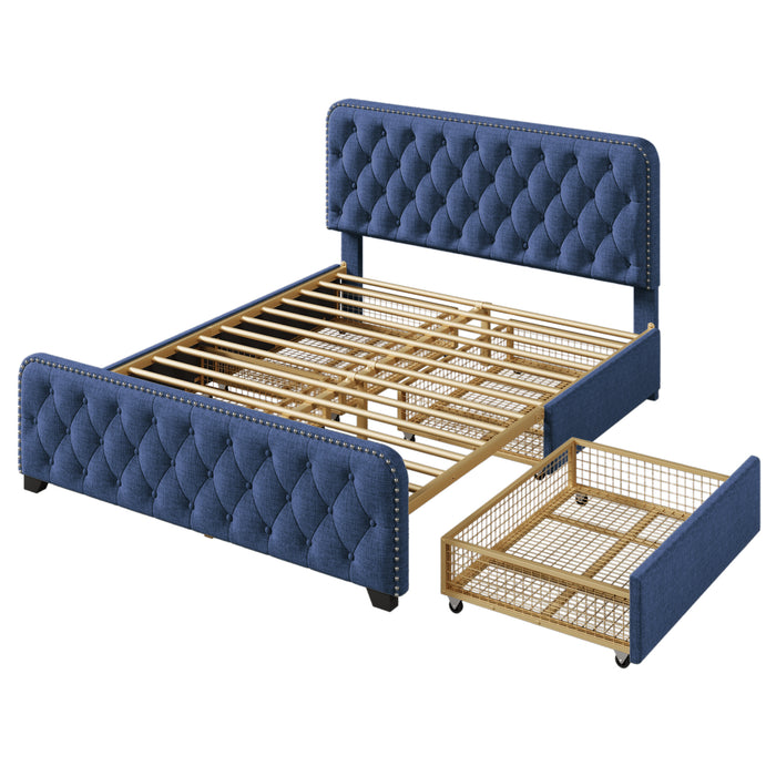 Upholstered Platform Bed Frame with Four Drawers (Blue) Queen