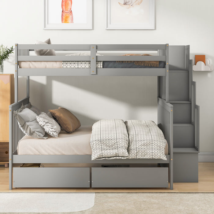 Twin Over Full Convertible Bunk Bed with 2 Drawers and Staircases - Grey