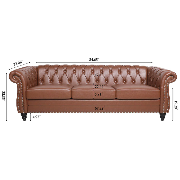 Rolled Arm Chesterfield 3 Seater Sofa - Brown