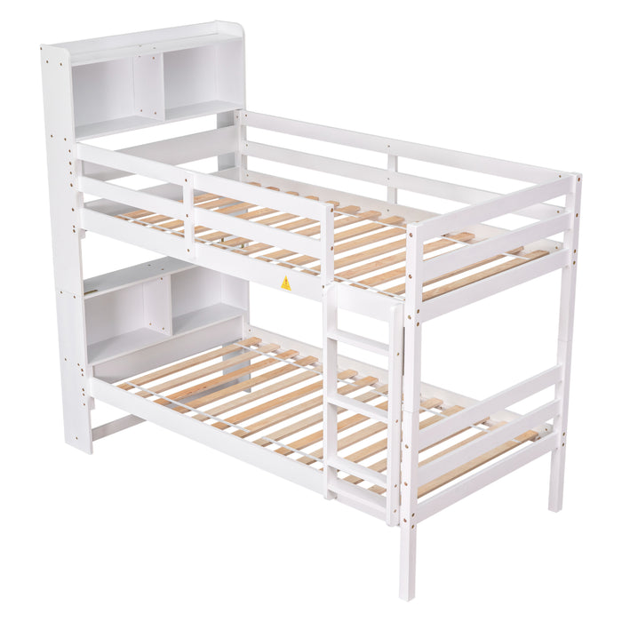 Twin Over Twin Bunk Beds with Bookcase Headboard - White