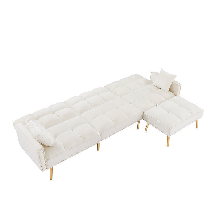 Velvet Upholstered Reversible Sectional Sofa Bed , L-Shaped Couch with Movable Ottoman - cream white