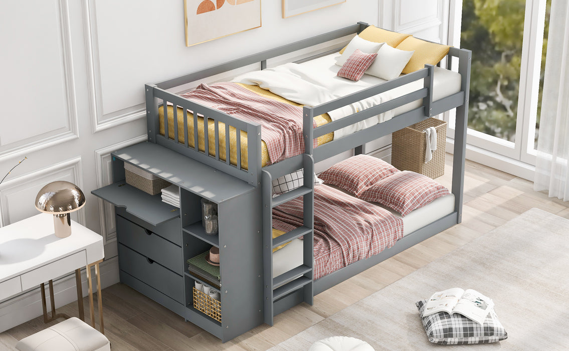 Twin over Twin Bunk Bed with Attached Cabinet and Shelves Storage - Gray