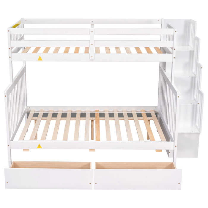 Twin Over Full Convertible Bunk Bed with 2 Drawers and Staircases - White