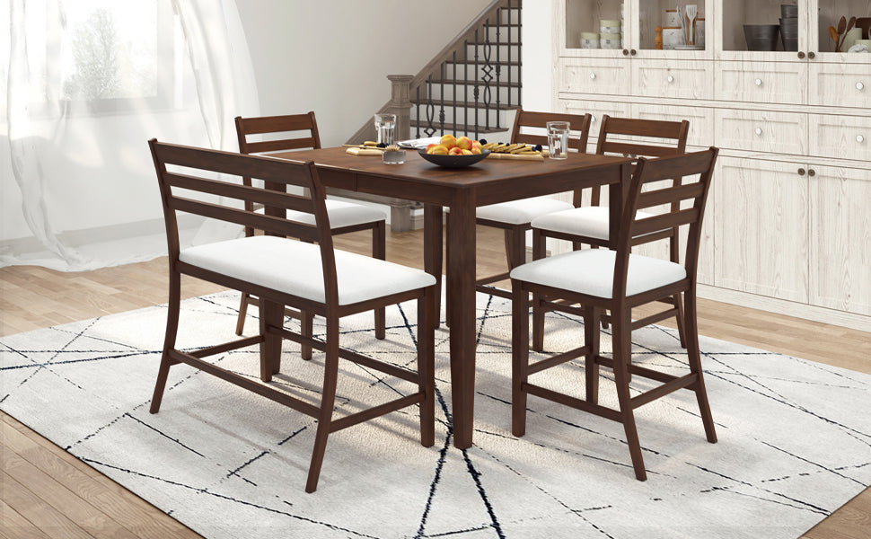 6-Piece Farmhouse Extendable Counter Height Dining Table Set - Brown Walnut + Beige