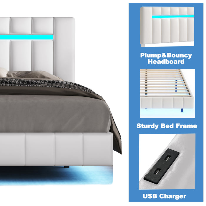 Queen Size Modern Upholstered Platform LED Bed with LED Lights and USB Charging - White