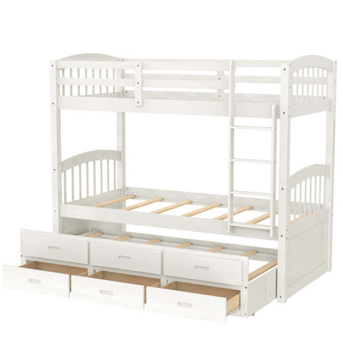 Twin over Twin Wood Bunk Bed with Trundle and Drawers - White